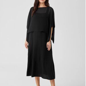 NWT Eileen Fisher Sheer Silk Georgette Poncho XXS XS Black with Ties